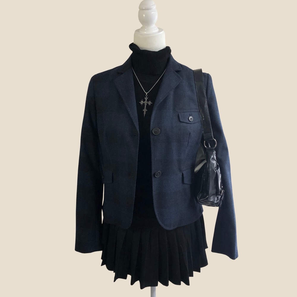 Vintage Y2K Gap Navy Wool Blend Fitted Blazer Womens 2 Plaid Dark Academia
